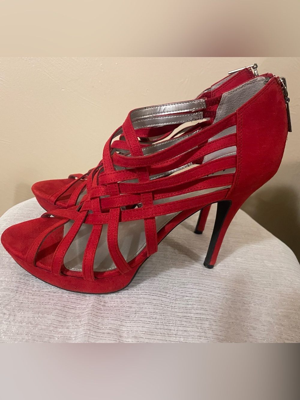Limelight Red Strappy Suede Stiletto Heels